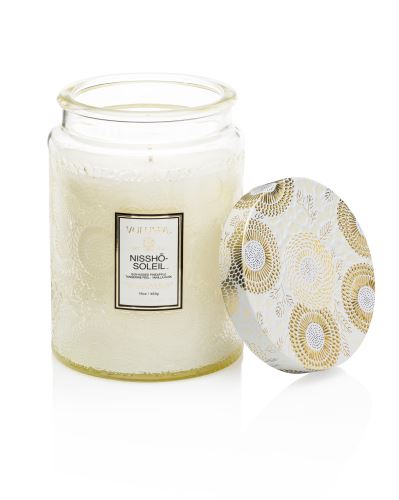 LUXURY CANDLE,  LARGE EMBOSSED GLASS JAR WITH METALLIC LID CANDLE 16 oz, Nissho Soleil