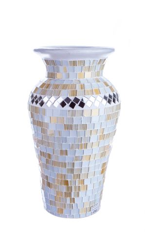 Mozaiková váza bílo-zlatá, 10x10x30cm,  keramika -  sklo