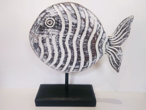 Dřevěná ryba na podstavci, černo-bílá 30x10x35cm,  Exotické dřevo