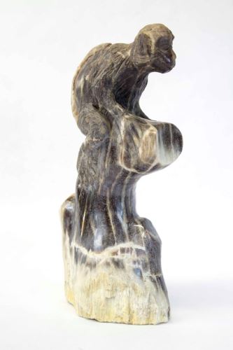 Statue of monkey made of fossil wood, beige-brown, petrifiet wood