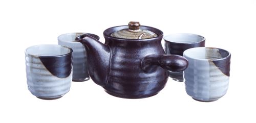Keramická čajová souprava, 4 šálky,  hnědo-béžová keramika