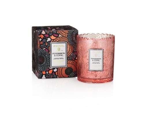 LUXURY CANDLE,  SCALLOPED EDGE GLASS CANDLE BOXED 6,2 oz, Persimmon & Copal