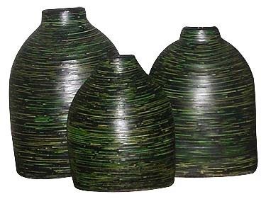 Terakotová váza s ratanem,  zelená 22x13x41cm