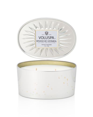 LUXURY CANDLE,  2 WICK CANDLE IN A DECORATIVE OVAL TIN 12,7 oz, Branche Vermeil