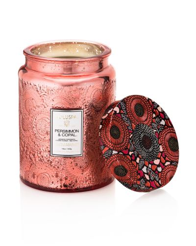 LUXURY CANDLE, LARGE EMBOSSED GLASS JAR WITH METALLIC LID CANDLE 16 oz, Persimmon & Copal