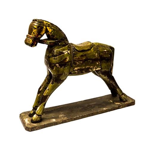 Kůň, zelený, exotické dřevo, antik, 74x17x60cm, vícebarevné teakové dřevo