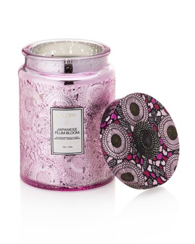 LUXURY CANDLE,  LARGE EMBOSSED GLASS JAR WITH METALLIC LID CANDLE 16 oz, Japanese Plum Bloom