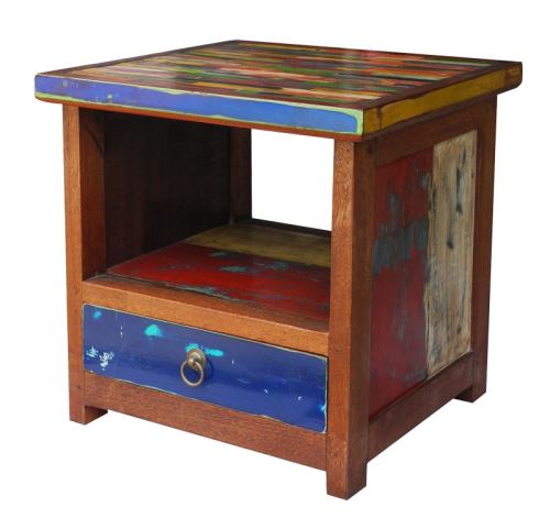 Wooden small colored table with drawer, 50x45x50 cm, multicolored teak wood