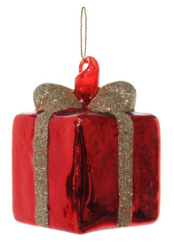 Vánoční ozdoba, dárek, červeno-zlatá, 5,5x5,5x9 cm, sklo