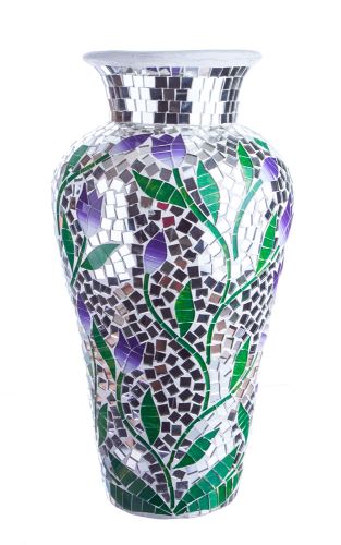 Mozaiková váza s růžemi, 13x13x42cm,  vícebarevná keramika, sklo