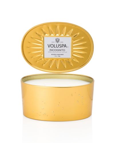 LUXURY CANDLE,  2 WICK CANDLE IN A DECORATIVE OVAL TIN 12,7 oz, Incognito