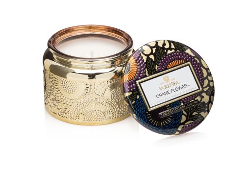 LUXURY CANDLE, PETITE CANDLE IN COLORED JAR WITH METALLIC LID 3,2 oz, Crane Flower