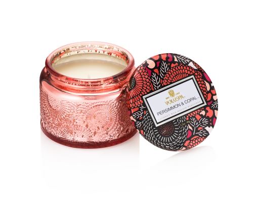 LUXURY CANDLE, PETITE CANDLE IN COLORED JAR WITH METALLIC LID 3,2 oz, Persimmon & Copal