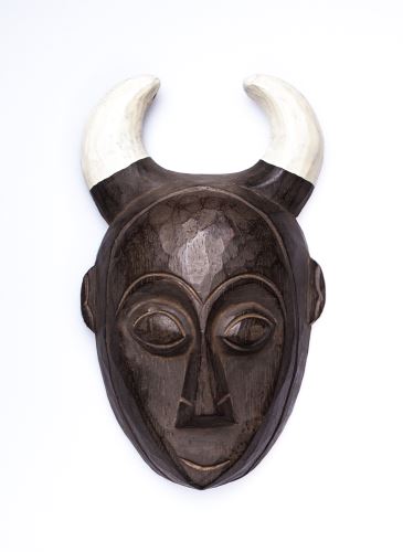 Malá buvolí maska, exotické dřevo , hnědo-bílá