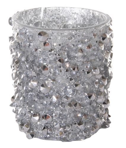 Skleněný svícen stříbrný s "diamaty", 6x6x6,5cm,  sklo