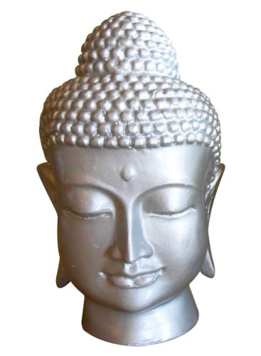 Hlava Buddhy, sklněné vlákno, 8x8x14cm, stříbrná, Skleněné vlákno