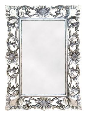 Vyřezávané zrcadlo s květy, stříbrné, 70x4x100cm, exotické dřevo