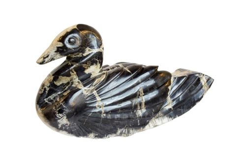 Duck made of fossil wood, black-beige, petrifiet wood